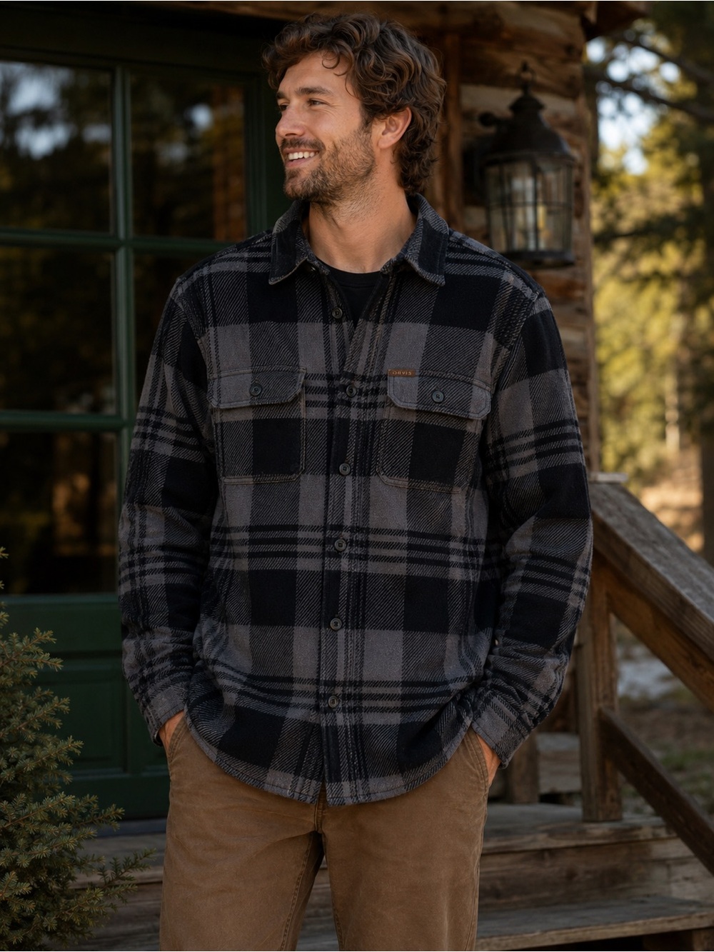 Orvis Gray Black Plaid Cotton Flannel Shirt Jacket Shacket Men M Cabine Camping